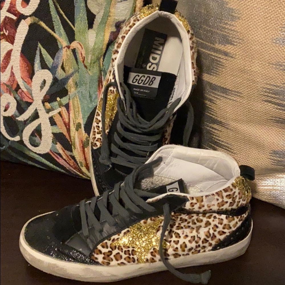 Golden Goose Midstar Leopard Calfskin Gold Glitter